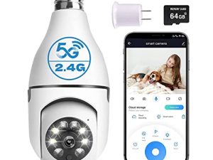 DUDUBOBBY Light Bulb Camera ، 1080P Security Camera Home Wireless 5GHz ＆ 2.4GHz WiFi Motion Auto Tracking 360 درجة Smart Surveillance Camera with Motion Detection Alarm Night Vision (64G SD Card)