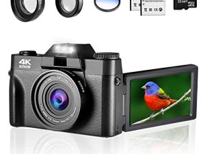 كاميرا Lierhyt 4K الرقمية للتصوير الفوتوغرافي ، كاميرا فيديو 48 ميجابكسل لـ YouTube مع شاشة قلاب 180 درجة ، تكبير رقمي 16 X ، عدسة بزاوية عريضة ، عدسة ماكرو ، بطاقة مايكرو 32 جيجابايت ، بطاريتان (أسود)