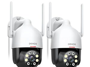 كاميرا DEKCO 2K للأماكن الخارجية 2 عبوات ، كاميرات مراقبة خارجية تعمل بالواي فاي بإمالة 360 درجة ، وكاميرات مراقبة 3 ميجابكسل مع اكتشاف الحركة وصفارة الإنذار ، صوت ثنائي الاتجاه ، رؤية ليلية بالألوان الكاملة ، مقاومة للماء