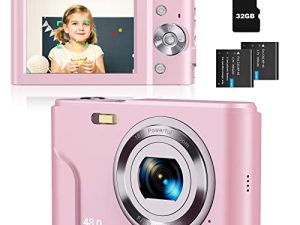 كاميرا رقمية نقطة تركيز تلقائي وكاميرا تصوير ، كاميرا أطفال FHD 1080P 48 ميجابكسل مع بطاقة ذاكرة 32 جيجا بايت ، 16X Zoom Vlogging Camera كاميرات رقمية صغيرة للأطفال والمراهقين والطلاب ، وردي