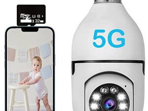 كاميرا أمان RSTLAEQU 5G بمصباح كهربائي ، كاميرا بمصباح 1080P خارجي / داخلي ، برغي PTZ في كاميرا الأمان لمقبس الضوء ، ضوء الشرفة مع كاميرا WiFi ، متوافق مع Alexa (بما في ذلك بطاقة SD 32G)