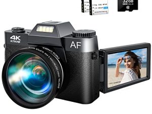 كاميرا رقمية بدقة 4K وكاميرا تصوير فيديو بدقة 48 ميجابكسل مع شاشة فليب مقاس 3.0 بوصات 180 درجة وزوم رقمي 16 مرة وعدسة بزاوية عريضة وعدسة ماكرو وبطاريتين وبطاقة Micro SD بسعة 32 جيجابايت