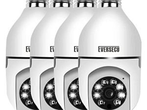 EVERSECU 1080P 2.0MP مصباح إضاءة لاسلكي كاميرا مراقبة PTZ مع موصل E27 ، تتبع تلقائي للحركة ، صوت ثنائي الاتجاه ، رؤية ليلية ، تطبيق Tuya Smart Life ، كاميرا WiFi IP PTZ CCTV (4 عبوات)