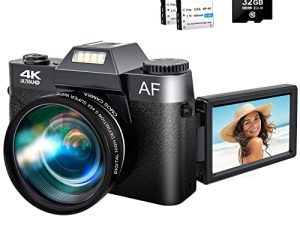 كاميرا رقمية بدقة 4K وكاميرا تصوير فيديو بدقة 48 ميجابكسل مع شاشة فليب مقاس 3.0 بوصات 180 درجة وزوم رقمي 16 مرة وعدسة بزاوية عريضة وعدسة ماكرو وبطاريتين وبطاقة Micro SD بسعة 32 جيجابايت