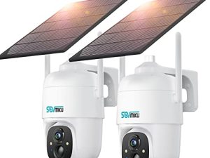 【2K ، AI】 قطعتان من الكاميرات اللاسلكية CQ1 في الهواء الطلق ، وكاميرا أمان طاقة بطارية WiFi تعمل بالطاقة الشمسية من SOVMIKU ، وكاميرا مراقبة PTZ بدقة 3 ميجابكسل بزاوية 360 درجة مع أضواء كاشفة صوتية ثنائية الاتجاه ، وكشف ذكي للرؤية الليلية ، وتطبيق Vicohome