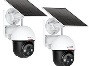 DEKCO 2K كاميرات مراقبة تعمل بالطاقة الشمسية لاسلكية خارجية ، 360 درجة عرض عموم إمالة ضوء كشاف يعمل بالبطارية نظام أمان واي فاي ، حديث ثنائي الاتجاه ، رؤية ليلية عالية الدقة ، اكتشاف الإنسان