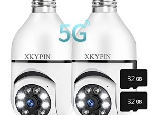 كاميرا مراقبة بمصباح كهربائي لاسلكي واي فاي قطعتان 1080P كاميرا بمقبس إضاءة خارجي مع بطاقة Micro SD 32 جيجا بايت إمالة 360 درجة لون بانورامي للرؤية الليلية كشف الحركة منبه كشاف داخلي E27