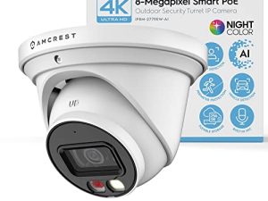 Amcrest 4K Night Color AI Turret IP PoE Camera 49ft Full Color Nightvision ، كاميرا أمان IP ، ميكروفون مدمج ، اكتشاف الإنسان ، حماية محيط ، 129 ° FOV ، 4K @ 15fps IP8M-2779EW-AI (أبيض)