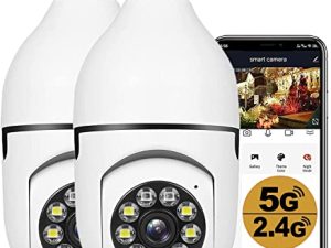 KOWVOWZ قطعتان 2.4 جيجاهرتز و 5 جيجاهرتز مصباح إضاءة لاسلكي واي فاي 1080P كاميرا أمان لاسلكية خارجية ، 360 درجة مقبس إضاءة داخلي كاميرات أمان لأمن المنزل مع صوت ثنائي الاتجاه ، كشف الحركة الذكي (قطعتان)