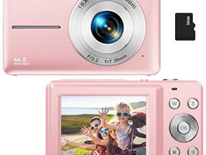 كاميرا رقمية ، كاميرا أطفال مع بطاقة 32 جيجا FHD 1080P 44MP كاميرا مدونات فيديو مع شاشة LCD 16X Zoom صغيرة محمولة قابلة لإعادة الشحن هدايا للطلاب والمراهقين والبنات والأولاد - وردي