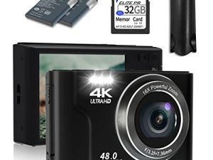كاميرا رقمية مع بطاقة SD 32 جيجا بايت ، كاميرا VJIANGER 4K 48MP Vlogging مع شاشة 2.8 بوصة ، تكبير رقمي 16X ، كاميرا صغيرة وشوت للأطفال Tees Aldults مع بطاريتين وحامل ثلاثي القوائم (أسود DC6-6)