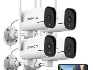 كاميرات مراقبة المنزل DEKCO 1080p تدور 180 درجة كاميرات مراقبة خارجية سلكية مع رؤية ليلية ، صوت ثنائي الاتجاه ، 2.4G WiFi ، IP65 ، إنذار كشف الحركة (4 حزم)