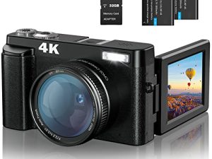 كاميرا رقمية بدقة 4K وكاميرا فيديو بضبط تلقائي للصورة بدقة 48 ميجابكسل مع شاشة فليب 3 بوصات 180 درجة وبطاقة SD بسعة 32 جيجابايت وزوم رقمي 16 مرة وكاميرات تسجيل فيديو مدمجة مع ميكروفون مدمج وبطاريتين للمبتدئين