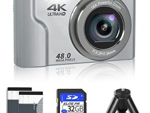 كاميرا رقمية ، كاميرا صغيرة مع شاشة 2.8 بوصة ، تكبير رقمي 16X ، كاميرا VJIANGER 4K Vlogging ، كاميرا جيب بدقة 48 ميجابكسل للأطفال والمراهقين ، مع بطاقة SD بسعة 32 جيجابايت وبطاريتين قابلتين لإعادة الشحن وحامل ثلاثي القوائم (فضي DC6-4)