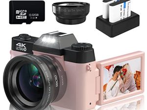 كاميرات رقمية للتصوير الفوتوغرافي ، كاميرا تصوير فيديو بدقة 4K 48 ميجابكسل ، 16X تقريب رقمي بؤرة تركيز يدوي للطلاب قابلة لإعادة الشحن ، كاميرا مدمجة مع عدسة بزاوية واسعة 52 مم وعدسة ماكرو ، بطاقة مايكرو 32 جيجا وبطاريتين