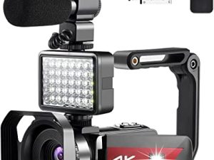 كاميرا OIEXI 4K لمقاطع فيديو YouTube عالية الدقة مع إضاءة LED كاميرا فيديو رقمية مع تكبير رقمي 16X ورؤية ليلية ، مسجل فيديو مع ميكروفون ، (أحمر ، يشمل بطاريتين)