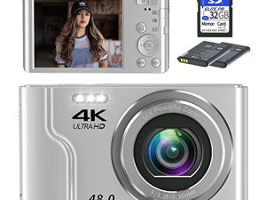 كاميرا سنين الرقمية ، كاميرات 4K للتصوير الفوتوغرافي ، كاميرا رقمية صغيرة ومضغوطة للأطفال بدقة 48 ميجابكسل للمراهقين وكبار السن والمبتدئين وبطاقة SD سعة 32 جيجابايت وبطاريتين قابلتين لإعادة الشحن لهدايا أعياد الميلاد - فضي
