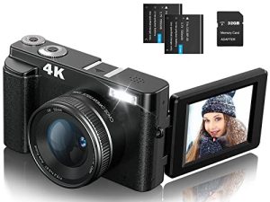 كاميرات DSOEKEU الرقمية للتصوير الفوتوغرافي ، كاميرا فيديو 4K بدقة 48 ميجابكسل لـ YouTube مع بطاقة SD 32 جيجا بايت ، 3 بوصة 180 درجة كاميرا فيديو رقمية مدمجة مع فلاش ، بطاريتان ، تكبير رقمي 16x