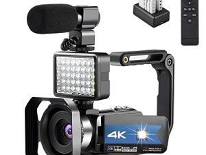 كاميرا OIEXI 4K لمقاطع فيديو YouTube عالية الدقة مع إضاءة LED كاميرا فيديو رقمية مع تكبير رقمي 16X ورؤية ليلية ومسجل فيديو مع ميكروفون (أزرق ، تشمل بطاريتين)