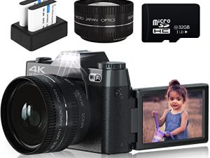 كاميرات رقمية للتصوير الفوتوغرافي ، كاميرا فيديو 4K بدقة 48 ميجابكسل لـ YouTube مع WiFi ، تركيز يدوي ، تكبير رقمي 16X ، عدسة بزاوية عريضة 52 مم وعدسة ماكرو ، بطاقة TF 32 جيجابايت وبطاريتان