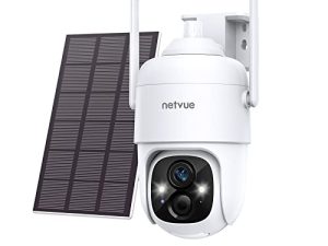 NETVUE Solar Security Cameras Wireless Outdoor Camera 2.4G WiFi 360 ° View Pan Tilt Strobe Light / Spotlight Home Security System مع كشف الحركة وصفارة الإنذار ، صوت ثنائي الاتجاه ، رؤية ليلية ملونة