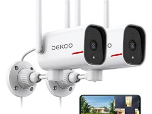 كاميرا مراقبة خارجية من DEKCO بدقة 1080 بكسل ، كاميرات واي فاي سلكية تدور 180 درجة لأمن المنزل مع صوت ثنائي الاتجاه ، رؤية ليلية ، 2.4 جيجا بايت WiFi ، IP65 ، إنذار للكشف عن الحركة (عبوتان)