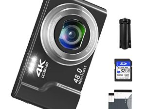 كاميرا رقمية ، كاميرا صغيرة مع شاشة 2.8 بوصة ، تكبير رقمي 16X ، كاميرا VJIANGER 4K Vlogging ، كاميرا جيب بدقة 48 ميجابكسل للأطفال والمراهقين ، مع بطاقة SD بسعة 32 جيجابايت وبطاريتين قابلتين لإعادة الشحن وحامل ثلاثي القوائم (أسود DC6-4)