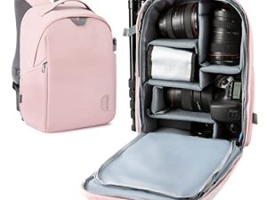 حقيبة ظهر BAGSMART للكاميرا ، حقيبة كاميرا DSLR SLR تناسب كمبيوتر محمول يصل إلى 13.3 بوصة ومقاوم للماء مع غطاء للمطر وحامل ثلاثي القوائم للنساء والفتيات ، وردي