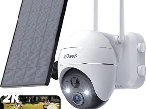 ieGeek كاميرا مراقبة خارجية ، 2K لاسلكية واي فاي 360 درجة كاميرا PTZ ، بطارية تعمل بالطاقة الشمسية ، كاميرا مراقبة منزلية مع ضوء كشاف وصفارة صفارة / كشف الحركة / رؤية ليلية ملونة 3 ميجابكسل / IP65