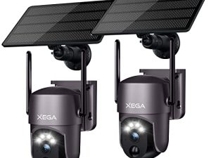 Xega Security Camera Outdoor WiFi Surveillance Cameras كاميرا مراقبة لاسلكية تعمل بالطاقة الشمسية تعمل بالطاقة الشمسية 360 درجة مع ضوء كشاف وصفارة ، رؤية ليلية فائقة الدقة بالألوان ، كشف الحركة بالذكاء الاصطناعي ، تحدث ثنائي الاتجاه ، IP66