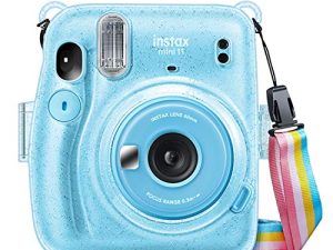 جراب Fintie الواقي الشفاف لكاميرا Fujifilm Instax Mini 11 بفيلم فوري - غطاء صلب كريستالي مع حزام كتف قوس قزح قابل للإزالة ، أزرق لامع