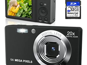 كاميرا رقمية 4K 56 ميجابكسل كاميرا رقمية للأطفال للتصوير الفوتوغرافي ، كاميرا رقمية صغيرة التركيز التلقائي 20X كاميرا رقمية محمولة للأولاد والبنات مع بطاقة SD 32 جيجابايت - أسود