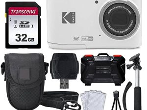 كاميرا Kodak PIXPRO FZ45 الرقمية + بطاقة ذاكرة 32 جيجا بايت + حقيبة كاميرا بوينت آند شوت + حامل أحادي قابل للتمديد + قلم تنظيف العدسة + واقيات شاشة LCD + حامل ثلاثي القوائم - Ultimate Bundle (أبيض)