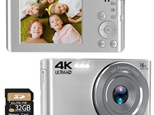 كاميرا رقمية ، كاميرا رقمية FHD 4K للأطفال والكبار ، كاميرات فيديو 44 ميجابيكسل للتصوير الفوتوغرافي ، كاميرا رقمية صغيرة مدمجة والتقاط الصور مع بطاقة SD 32 جيجابايت للمبتدئين والأطفال والمراهقين - فضي
