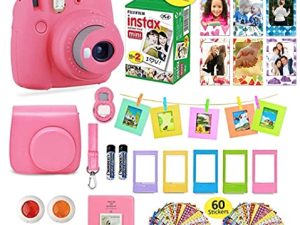 كاميرا Fujifilm Instax Mini 9 الفورية + حقيبة حمل متوافقة مع مصراع الكاميرا + حزمة قيمة فيلم Fuji (20 ورقة) + مجموعة ملحقات الغالق ، فلاتر الألوان ، ألبوم الصور ، إطارات متنوعة (وردي فلامنغو)