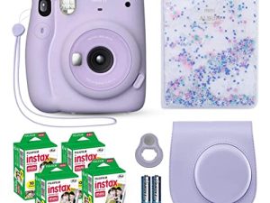 Fujifilm Instax Mini 11 كاميرا فورية أرجواني أرجواني + حزمة قيمة فيلم فوجي (40 ورقة) + مجموعة ملحقات الغالق ، بما في ذلك. حقيبة حمل متوافقة ، عدسة سيلفي ، ألبوم صور خرز الرمال المتحركة 64 جيبًا