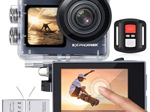 Exprotrek 4K Action Camera مع شاشة تعمل باللمس ، ثبات EIS ، زاوية واسعة للغاية 170 درجة ، كاميرا تحت الماء مقاومة للماء 40 مترًا ، كاميرا رياضية بجهاز تحكم عن بعد مع مجموعة ملحقات خوذة.