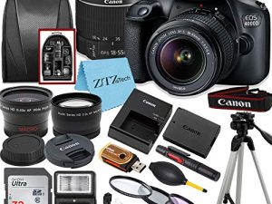 كاميرا Canon EOS T100 / 4000D DSLR مع عدسة EF-S 18-55mm ، بطاقة ذاكرة SanDisk ، حامل ثلاثي القوائم ، فلاش ، حقيبة ظهر + حزمة ملحقات ZeeTech (Canon 18-55mm ، SanDisk 32GB) (متجدد)