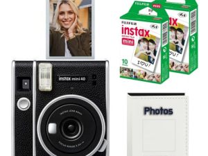 كاميرا Fujifilm Instax Mini 40 الفورية باللون الأسود مع فيلم Fujifilm Twin Pack instax Mini (20 ورقة) وألبوم صور NeeGo Instax