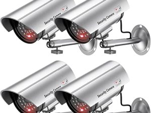 WALI Bullet Dummy Fake Surveillance Security CCTV Dome Camera داخلي خارجي مع 1 LED ضوء ، ملصقات تنبيه الأمان (TC-S4) ، 4 حزم ، فضي