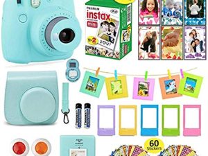 كاميرا Fujifilm Instax Mini 9 الفورية + حقيبة حمل متوافقة مع مصراع الكاميرا + حزمة قيمة فيلم Fuji (20 ورقة) + مجموعة ملحقات الغالق ، فلاتر الألوان ، ألبوم الصور ، إطارات متنوعة (أزرق ثلجي)