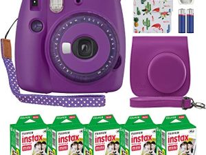 كاميرا Fujifilm Instax Mini 9 الفورية ، أرجواني شفاف مع لهجات شفافة مع حافظة مخصصة + حزمة قيمة لفيلم Fuji Instax (50 ورقة) ألبوم صور مصمم لصور Fuji instax Mini 9