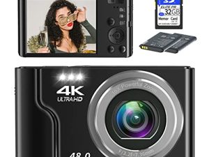 كاميرا سنين الرقمية ، كاميرات 4K للتصوير الفوتوغرافي ، كاميرا رقمية صغيرة مدمجة للأطفال بدقة 48 ميجابكسل للمراهقين وكبار السن والمبتدئين وبطاقة SD سعة 32 جيجابايت وبطاريتين قابلتين لإعادة الشحن لهدايا الكريسماس وأعياد الميلاد - أسود