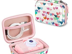 جراب كاميرا Fintie Kids متوافق مع Seckton / GKTZ / WOWGO / OMZER / Suncity / Agoigo / Ourlife / Rindol / Unicorn Toys كاميرا رقمية وكاميرا فيديو ، حقيبة حمل صلبة مع جيب داخلي ، قلوب تمطر