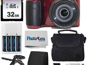 كاميرا Kodak PIXPRO AZ255 الرقمية (حمراء) + حافظة كاميرا بوينت آند شوت + بطاقة ذاكرة SD سعة 32 جيجا بايت + شاحن بطاريات قابلة لإعادة الشحن + قارئ بطاقة USB + حامل ثلاثي القوائم + ملحقات
