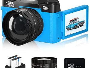 كاميرا 4K Vlogging كاميرا رقمية بدقة 48 ميجابكسل للتصوير الفوتوغرافي على YouTube مع WiFi ، وملء الضوء ، والتركيز اليدوي ، والتكبير الرقمي 16X ، وعدسة الزاوية العريضة 52 مم وعدسة ماكرو ، وبطاريتان وبطاقة TF 32 جيجابايت (أزرق)