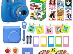 كاميرا Fujifilm Instax Mini 9 الفورية + حقيبة حمل متوافقة مع مصراع الكاميرا + حزمة قيمة لفيلم Fuji (20 ورقة) + مجموعة ملحقات الغالق ، فلاتر الألوان ، ألبوم الصور ، إطارات متنوعة (أزرق كوبالت)