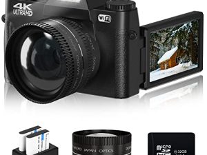 كاميرا 4K Vlogging كاميرا رقمية بدقة 48 ميجابكسل للتصوير الفوتوغرافي على YouTube مع WiFi ، وملء الضوء ، والتركيز اليدوي ، والتكبير الرقمي 16X ، وعدسة الزاوية العريضة 52 مم وعدسة ماكرو ، وبطاريتان وبطاقة TF 32 جيجابايت (أسود)