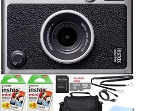 حزمة كاميرا Fujifilm Instax Mini EVO Hybrid بفيلم فوري مع 40 ورقة فيلم فورية + بطاقة ذاكرة microSD بسعة 128 جيجا بايت + حقيبة مبطنة صغيرة + قارئ بطاقات SD + قماش إلكترونيات إكستريم