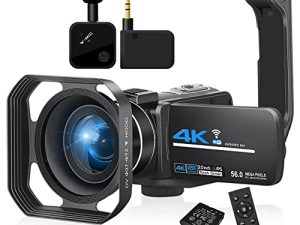 KOMERY Camcorders Video Camera 4K 56MP Video Camera for YouTube with Wireless Lavalier Mic Video Camera Camcorder with 2.4G Remote IR Night Vision، 18X Digital Zoom Camera WiFi